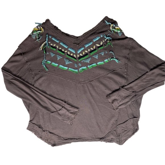 Free People Tops - Free People Waffle Knit Pullover Embroidered Boho Destroyed Top OVERSIZED Sz XS